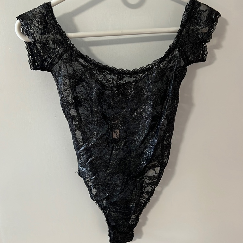 NWT - Victoria Secret Shimmery Black Lace Bodysuit - Size Small